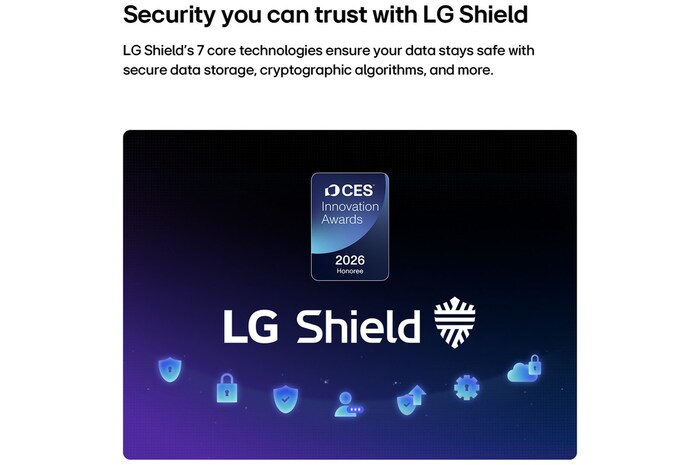 LG Shield, applied to LG Micro RGB evo AI MRGB95, is shown with an LG Shield logo at the center, security icons below, and a 2026 CES Innovation Awards Honoree badge above, representing data and system protection.